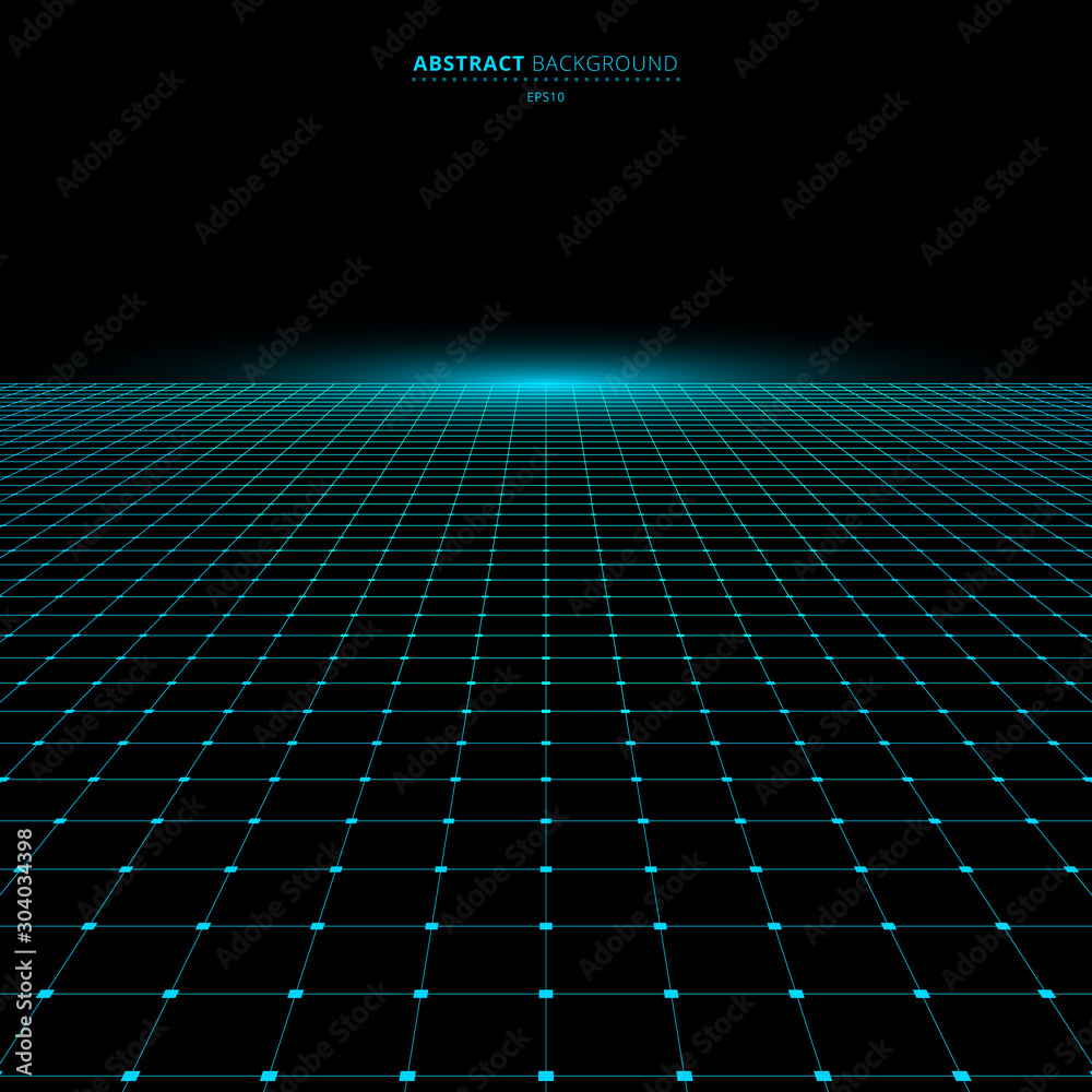 Abstract technology futuristic concept blue grid perspective on black background and lighting with space for your text - obrazy, fototapety, plakaty 
