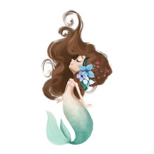 Cute And Beautiful Little Mermaid With Long Hair And Flowers Watercolor Illustration