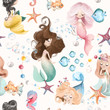 Cute and beautiful seamless pattern - little mermaids, fishes and flowers watercolor illustration