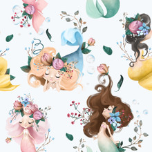 Cute And Beautiful Seamless Pattern - Little Merdaids And Flowers Watercolor Illustration