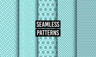 Abstract seamless patterns. Geometric textures. Linear ornament decoration. Repeatable simple seamless textures. Tileable swatches. Vector