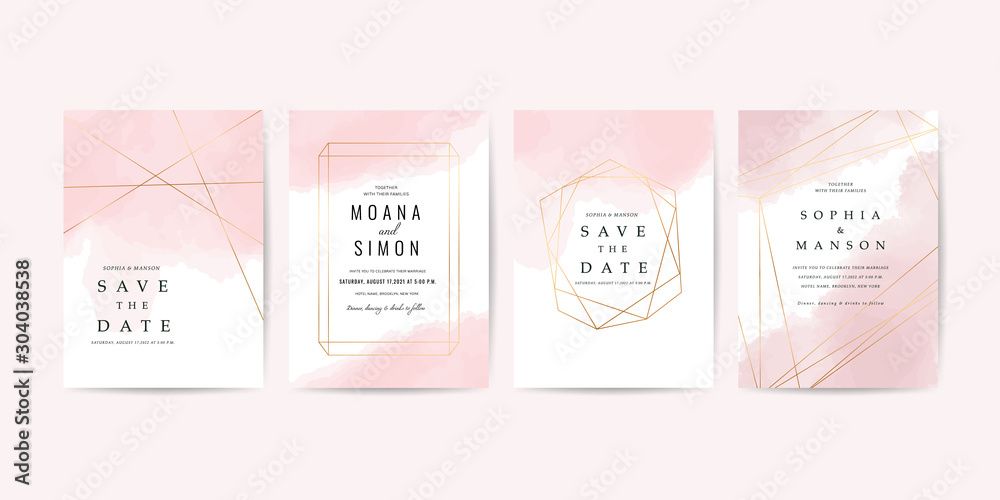 Luxury Wedding Invitation Card template with Minimal watercolour and  rose gold geometric frame decoration - Vector. - obrazy, fototapety, plakaty 