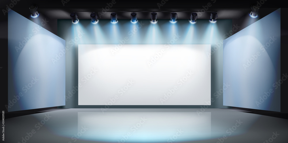 Show in art gallery. Projection screen on stage. Free space for advertising. Vector illustration. - obrazy, fototapety, plakaty 