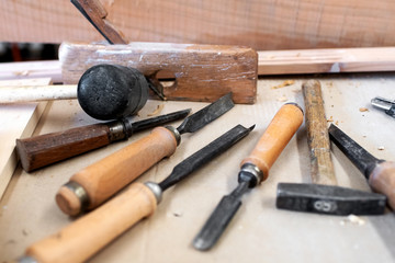 Wall Mural - Assorted carpenters tools on a workbench