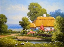 Oil Paintings Rural Landscape, Old Village In Ukraine. Fine Art, Artwork, Old Wooden House In The Garden