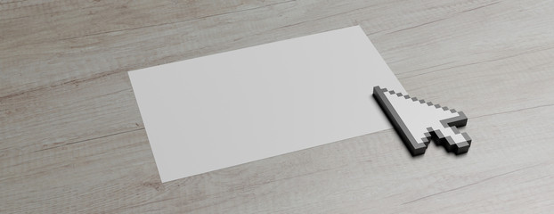 Poster - Mouse cursor pointer on a white paper against wood background. 3d illustration