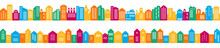 Colorful сlassic And Vintage Houses In A Row. Vector Illustration In Flat Style. Horizontal Seamless Border. 
