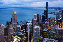 City Skyline Aerial Night View In Chicago, America