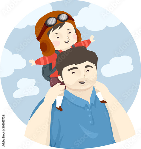 Kid Boy Fly Dad Man Carry Back Illustration