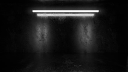 Poster - dark underground industrial grunge basement room with white low key light background texture wall 3d