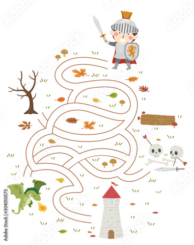 Kid Boy Knight To Tower Maze Illustration