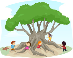 Poster - Stickman Kids Silk Cotton Tree Play Illustration