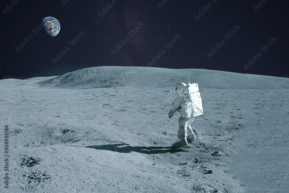 Astronaut is walking on the moon. With land on the horizon. Elements of this image were furnished by NASA. - obrazy, fototapety, plakaty 