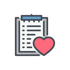Poster - Medical report clipboard with heart color line icon. Patient diagnosis result vector outline colorful sign.
