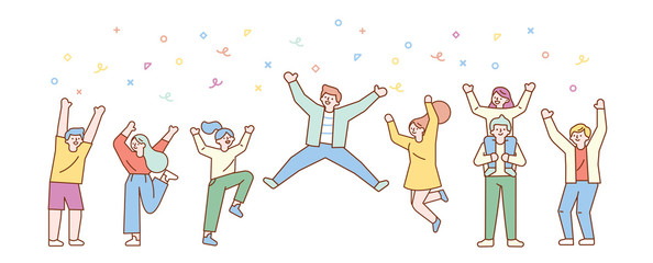 Wall Mural - Happy group of young people jumping.  Line art characters.  Lifestyle, success. Minimal Vector Flat illustration. 