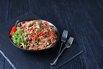 close-up of spicy slow cooked pulled beef