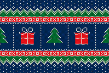 Wall Mural - Winter Holiday Seamless Knitted Pattern with a Christmas Symbols. Christmas Trees and Present Box Ornament. Wool Knit Sweater Design