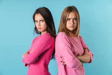 Wall Mural - Photo of resentful women standing back to back and looking at camera