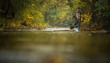 Handsome fly fisherman working the line and the fishing rod while fly fishing on a splendid mountain river for rainbow trout