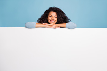Wall Mural - Photo of white, positive nice pretty sweet girlfriend leaning on to white blank banner smiling toothily beaming isolated pastel blue color background