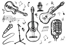 Music Doodle Vector Set. Hand Drawn Sketch Of Guitar And Microphone Isolated On White Background