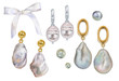 Set of watercolor illustrations earrings with pearls