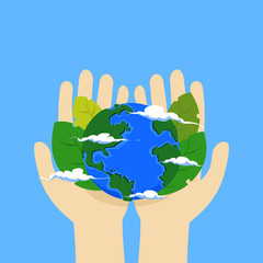 the world with leaves in a hands save the world concept flat design 