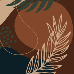 Wall Mural - abstract print plants and palm leaf line and geometric shapes in a minimal trendy art in broun color