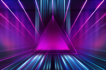 Empty dark abstract background. Background of an empty show scene. Glow of neon lights on an empty stage.