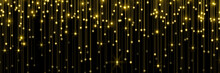 Golden Rain, Gold Glitter Particles Falling. Glowing Glittering Lights On Golden Threads, Shiny Sparkling Light And Shimmer Particles