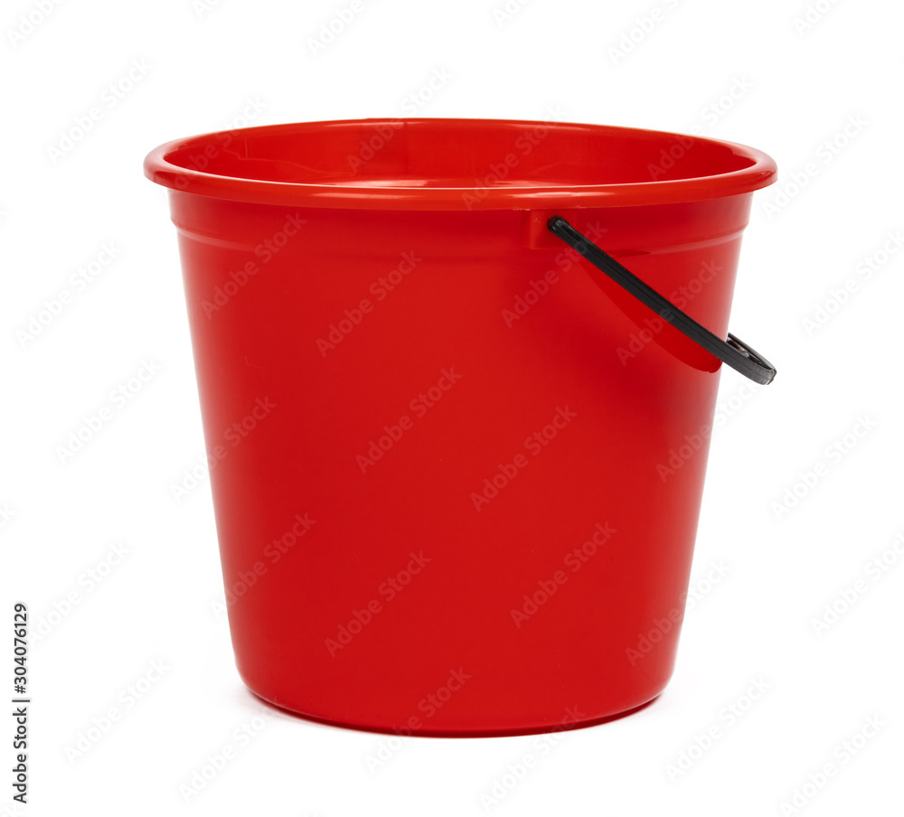 empty red plastic household bucket on a white background - obrazy, fototapety, plakaty 