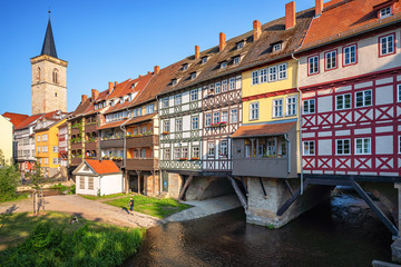 classic panoramic view of ancient city center of erfurt with famous krämerbrücke bridge, colorful ho