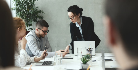 Poster - Creative people analyzing data on meeting in office