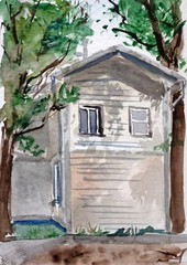 watercolor old wooden summer house 