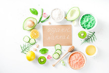 Natural And Organic Cosmetic Concept. Spa And Aromatherapy, Homemade Cosmetics Ingredients, Extracts For Natural Beauty Skincare Product Honey, Lemon, Almond, Kiwi, Cucumber, Aloe Vera, Salt, Yogurt