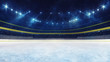 Empty ice rink and illuminated stadium with fans, playground view. Professional ice hockey sport 3D render illustration background.