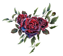 Picturesque Heart Shaped Arrangement Of Dark Red Roses, Leaves, Green Clematis Branches Hand Drawn In Watercolor Isolated On White Background.Ideal For Creating Invitations, Greeting And Wedding Cards