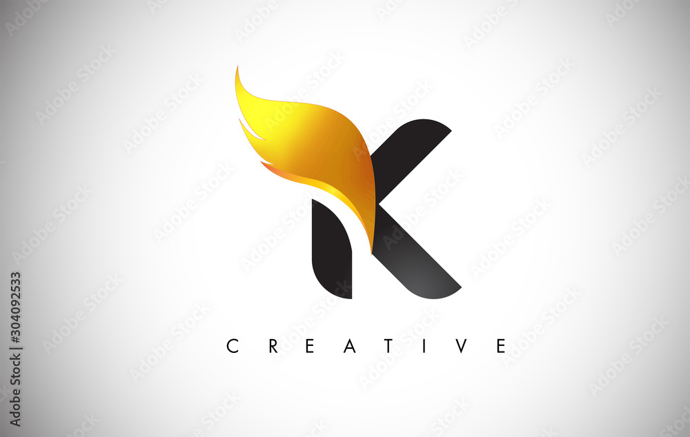Gold K Letter Wings Logo Design with Golden Bird Fly Wing Icon. Stock ...