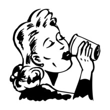 Retro Lady Drinks Drink From A Cup, Black And White Clipart