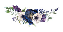 Picturesque Arrangement Of Dark Hellebores, Anemones, Berries And Clematises Hand Drawn In Watercolor Isolated On White Background.Watercolor Illustration.Ideal For Creating Invitations, Wedding Cards