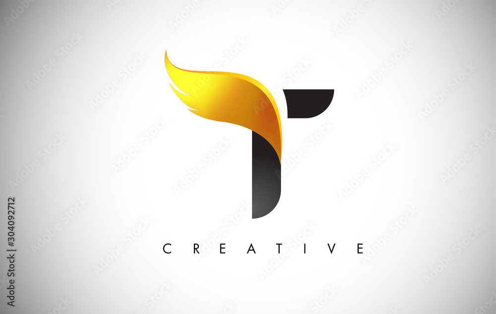 Gold T Letter Wings Logo Design with Golden Bird Fly Wing Icon. Stock ...