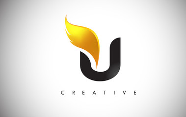 Gold U Letter Wings Logo Design with Golden Bird Fly Wing Icon.
