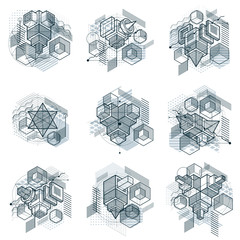 Poster - Abstract backgrounds with isometric elements, vector linear art with lines and shapes. Cubes, hexagons, squares, rectangles and different abstract elements. Vector set.