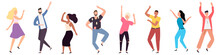 Dancing People. Group Of Young Happy Dancers Or Men And Women Isolated On A White Background. Smiling Young Men And Women Enjoy A Dance Party. Flat Style. Vector Illustration