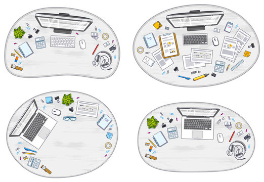 Office desks workspaces top view with PC and laptops  and diverse stationery objects for work, overhead look. All elements are easy to use separately or recompose the illustrations. Vector set.