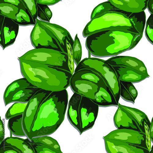 Seamless pattern with tropical leaves. Beautiful allover print with hand draw...