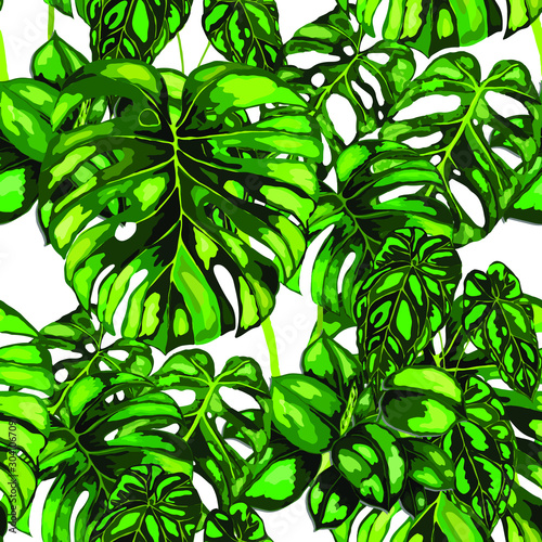 Seamless pattern with tropical leaves. Beautiful allover print with hand draw...