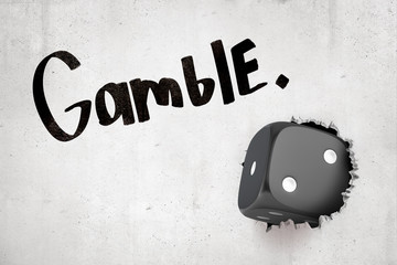 Poster - 3d rendering of black casino dice breaking white wall with 'gamble' sign on white background