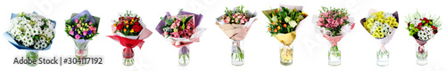 Fotomural set of multi-colored bouquets of flowers in a glass vase isolated on white