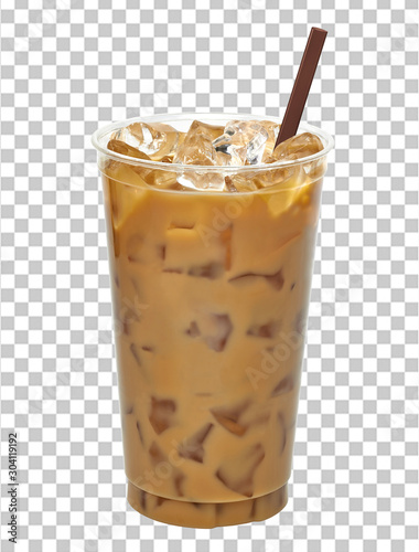 Iced coffee or caffe latte in plastic takeaway cup isolated on checkered backgro Poster Mural XXL